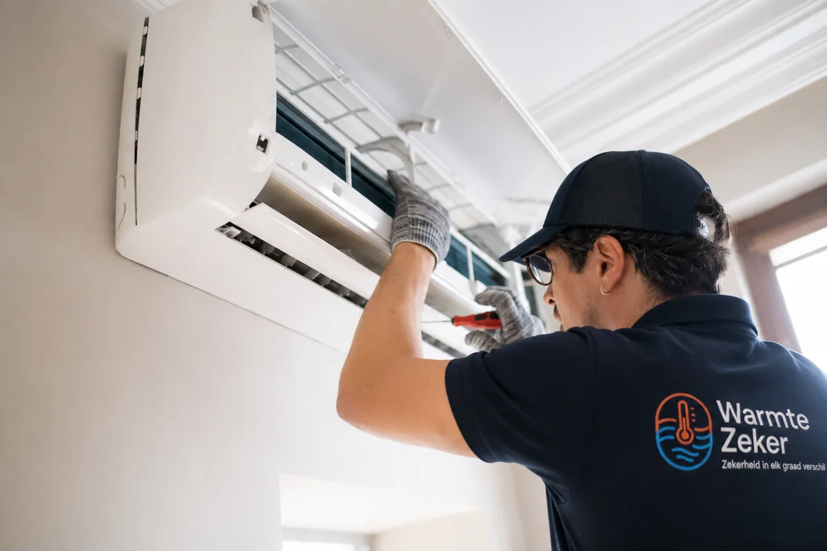 Monteur in Warmte Zeker-kleding onderhoudt een airco